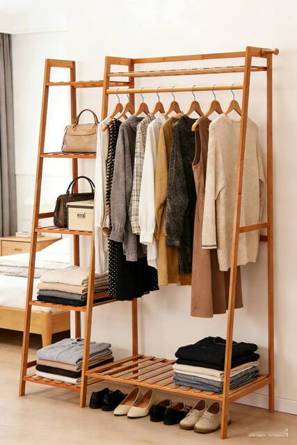 ExtraStar Freestanding Bamboo Garment Rack, 7-Shelf Storage Organizer in Brown - image 1