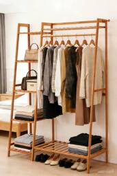ExtraStar Freestanding Bamboo Garment Rack, 7-Shelf Storage Organizer in Brown