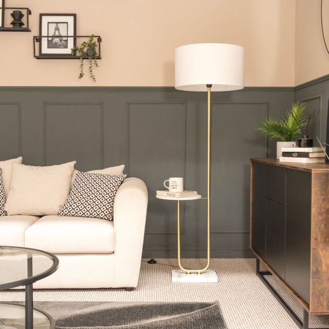 ValueLights Tavel Brushed Gold Marble Base Floor Lamp With Table & Large White Shade in Brown - image 1