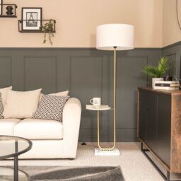 ValueLights Tavel Brushed Gold Marble Base Floor Lamp With Table & Large White Shade in Brown