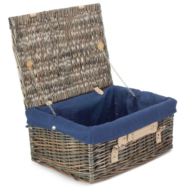 Red Hamper Wicker 40cm Antique Wash Picnic Basket with Cotton Lining in Blue - image 1