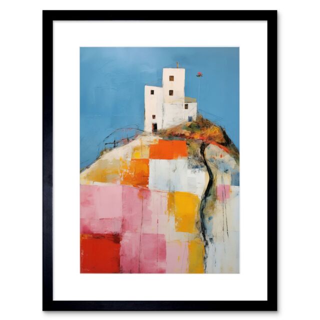 Artery8 Wall Art Print House on the Hill Oil Painting Abstract Geometric Patchwork Palette Knife Pastel Colour Rural Landscape Artwork Framed 9X7 - image 1
