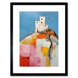 Artery8 Wall Art Print House on the Hill Oil Painting Abstract Geometric Patchwork Palette Knife Pastel Colour Rural Landscape Artwork Framed 9X7 - thumbnail 1