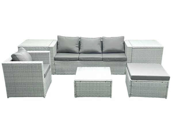 Fimous Garden Outdoor Furniture Set 5 Seater Rattan Sofa Set with Big Footstool Armchair 2 Side Tables Light Grey Mixed - image 1