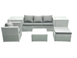Fimous Garden Outdoor Furniture Set 5 Seater Rattan Sofa Set with Big Footstool Armchair 2 Side Tables Light Grey Mixed - thumbnail 2