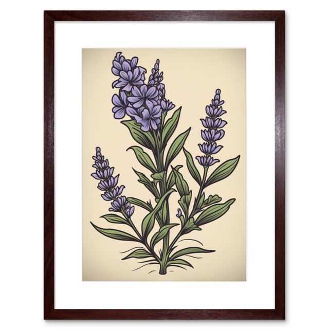 "Artery8 Wall Art Print Lavender Plant Old School USA Tattoo Ink Body Art Rockabilly Americana 50s Artwork Framed 9X7 Inch in Brown - Size: W7"" x H9""" - image 1