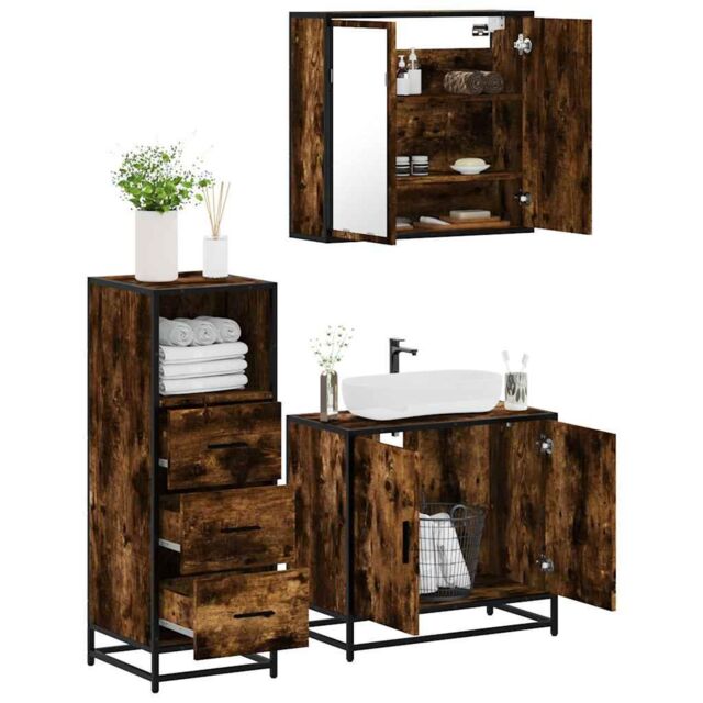 Berkfield Home 3 Piece Bathroom Furniture Set Smoked Oak Engineered Wood in Brown - image 1