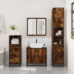 Berkfield Home 3 Piece Bathroom Furniture Set Smoked Oak Engineered Wood in Brown - thumbnail 3