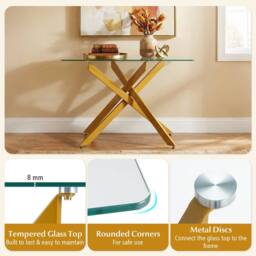 Costway Glass Console Table 115CM Entryway Table w/ Clear Tempered Glass Top in Gold - thumbnail 7
