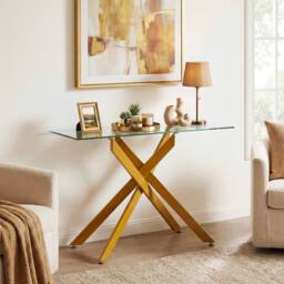 Costway Glass Console Table 115CM Entryway Table w/ Clear Tempered Glass Top in Gold - thumbnail 4