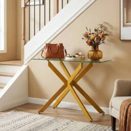 Costway Glass Console Table 115CM Entryway Table w/ Clear Tempered Glass Top in Gold - thumbnail 9