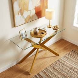 Costway Glass Console Table 115CM Entryway Table w/ Clear Tempered Glass Top in Gold - thumbnail 1