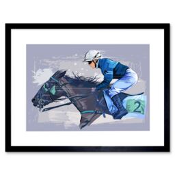 "Artery8 Wall Art Print Racing Horse & Jockey Blue Grunge Art Framed 9x7 inch in Black - Size: W7"" x H9""" - thumbnail 1