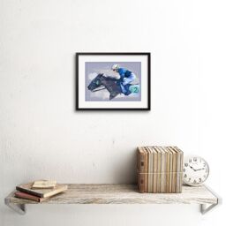 "Artery8 Wall Art Print Racing Horse & Jockey Blue Grunge Art Framed 9x7 inch in Black - Size: W7"" x H9""" - thumbnail 2
