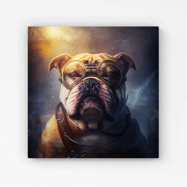"Warren Reed - Designer Bulldog With Glasses Splashart Golden Canvas in Brown - Size: W30"" x H30""" - image 1