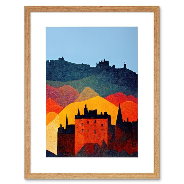 "Artery8 Wall Art Print Edinburgh in Autumn Scotland Scottish Modern Folk Art Multi Coloured Cityscape Artwork Framed 9X7 Inch - Size: W7"" x H9""" - image 1