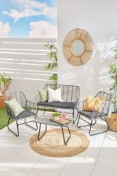 Neo 4 Piece Wicker Bamboo Style Garden Sofa, Table & Chairs Set in Dark Grey - thumbnail 1