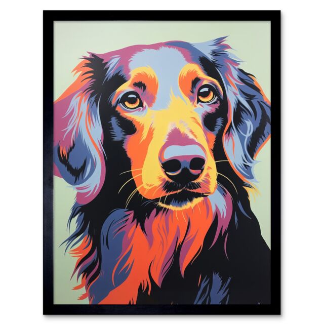 "Artery8 Wall Art Print Long Haired Dachshund Dog Colourful Artwork Orange Blue Purple Pet Portrait Cute Art Framed in Black - Size: W12"" x H16""" - image 1