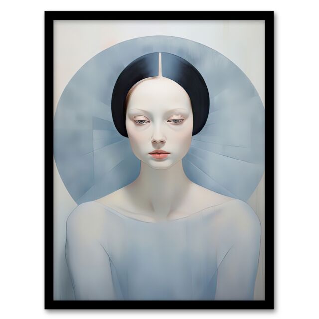 Artery8 Wall Art Print Anne Boleyn Modern Conceptual Painting Sad Melancholic Framed Art in Pale Blue - Size: A4 - image 1