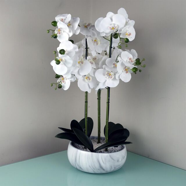 Leaf 60cm Orchid Artificial White Marble Effect Ceramic Planter in Green - image 1