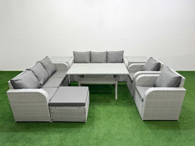 Fimous PE Rattan High Back Lounge Sofa Set Patio Rectangular Dining Table & Chairs Set w/ 3 Seater Sofa Reclining Chair Big Footstool 2 Side Table - image 1
