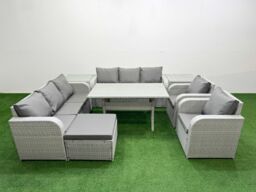 Fimous PE Rattan High Back Lounge Sofa Set Patio Rectangular Dining Table & Chairs Set w/ 3 Seater Sofa Reclining Chair Big Footstool 2 Side Table - thumbnail 1