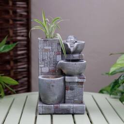 Primrose Rustic Cascading Bowls Tabletop Water Feature With Sphere & LED Lights in Grey