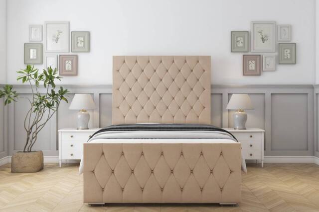 "Sloomy Watson Plush Frame-Mattress - 50"" Upholstered Headboard in Stone - Size: Super King" - image 1