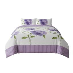Snug City Reversible Floral Duvet Set Elegant Flower Stripe Pattern Bedding in Lilac - Size: King - thumbnail 2