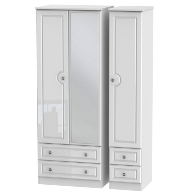 Ready Assembled 2 U Stirling Tall Triple 2 Drawer Mirror + Drawer Wardrobe (Ready Assembled) in White