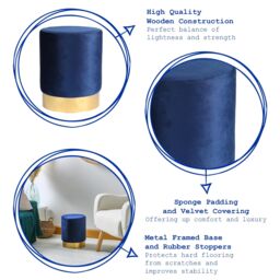 Harbour Housewares Velvet Round Pouffe Footrest Ottoman Stools - 29 x 36cm - Pack of 2 in Blue - Size: 29 x 36 cm - thumbnail 3