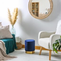 Harbour Housewares Velvet Round Pouffe Footrest Ottoman Stools - 29 x 36cm - Pack of 2 in Blue - Size: 29 x 36 cm - thumbnail 2