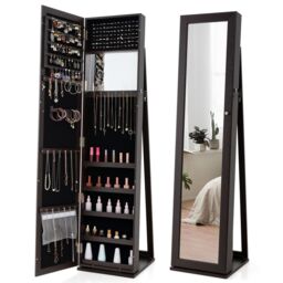 Gymax Jewelry Cabinet Freestanding Jewelry Armoire With Full Length Mirror in Dark Brown - thumbnail 1