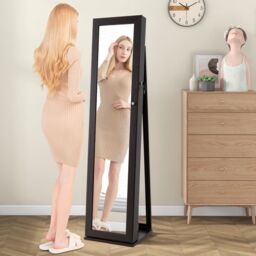 Gymax Jewelry Cabinet Freestanding Jewelry Armoire With Full Length Mirror in Dark Brown - thumbnail 3