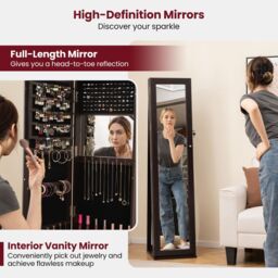 Gymax Jewelry Cabinet Freestanding Jewelry Armoire With Full Length Mirror in Dark Brown - thumbnail 4
