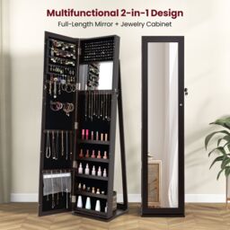 Gymax Jewelry Cabinet Freestanding Jewelry Armoire With Full Length Mirror in Dark Brown - thumbnail 5