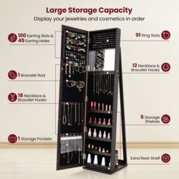 Gymax Jewelry Cabinet Freestanding Jewelry Armoire With Full Length Mirror in Dark Brown - thumbnail 6