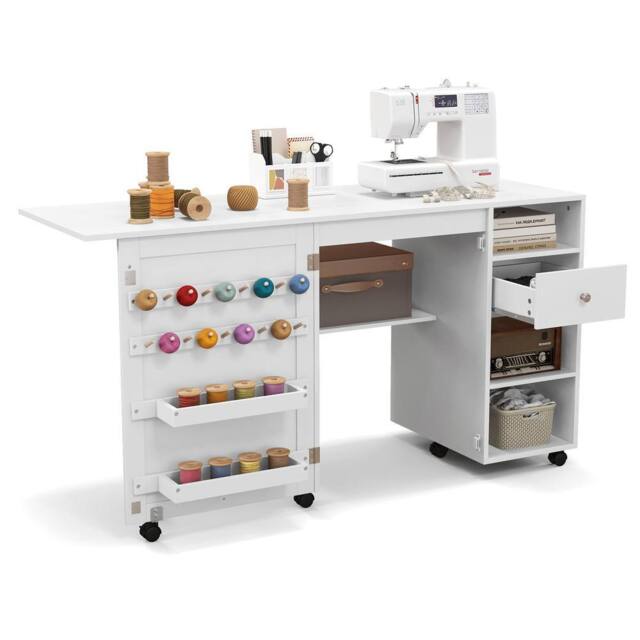 Costway Folding Sewing Table Adjustable Rolling Sewing Craft Desk w/Trays&Pegs in White - image 1
