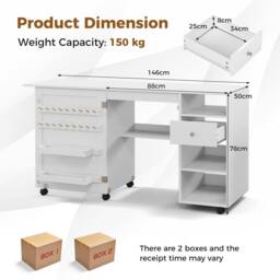 Costway Folding Sewing Table Adjustable Rolling Sewing Craft Desk w/Trays&Pegs in White - thumbnail 2