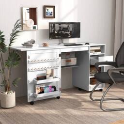 Costway Folding Sewing Table Adjustable Rolling Sewing Craft Desk w/Trays&Pegs in White - thumbnail 4