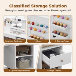 Costway Folding Sewing Table Adjustable Rolling Sewing Craft Desk w/Trays&Pegs in White - thumbnail 7