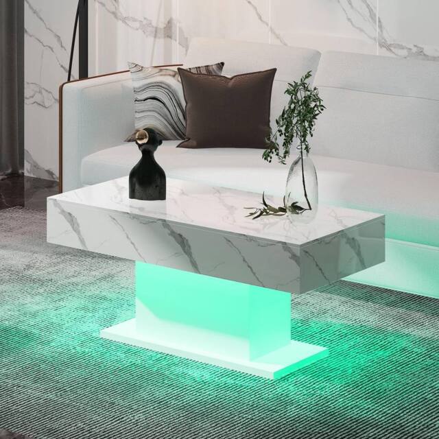 KEEPREAPER Rectangular LED Coffee Table High Gloss 16 Colors White Marble Finish - image 1