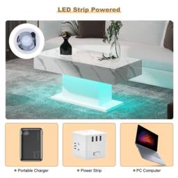 KEEPREAPER Rectangular LED Coffee Table High Gloss 16 Colors White Marble Finish - thumbnail 9