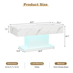 KEEPREAPER Rectangular LED Coffee Table High Gloss 16 Colors White Marble Finish - thumbnail 6