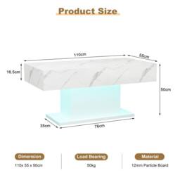 KEEPREAPER Rectangular LED Coffee Table High Gloss 16 Colors White Marble Finish - thumbnail 5
