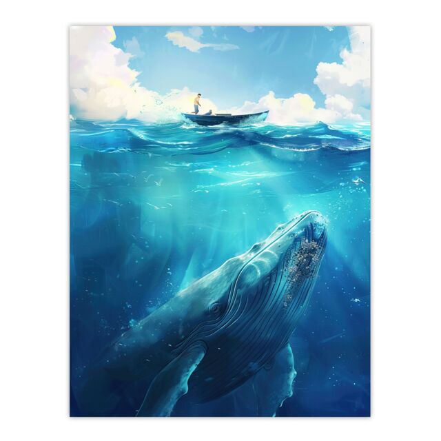 "Artery8 Whale Under Boat Oil Painting Sea Animal Wall Art Print in Blue - Size: W24"" x H32""" - image 1