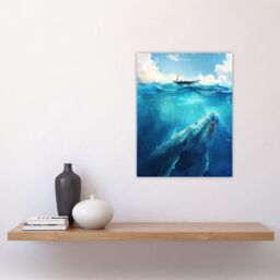 "Artery8 Whale Under Boat Oil Painting Sea Animal Wall Art Print in Blue - Size: W24"" x H32""" - thumbnail 4