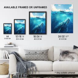 "Artery8 Whale Under Boat Oil Painting Sea Animal Wall Art Print in Blue - Size: W24"" x H32""" - thumbnail 3