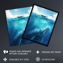 "Artery8 Whale Under Boat Oil Painting Sea Animal Wall Art Print in Blue - Size: W24"" x H32""" - thumbnail 2