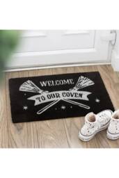 KDMD Black Coven Doormat with Silver Broomsticks - Witchy Welcome Mat - Size: Medium - thumbnail 1